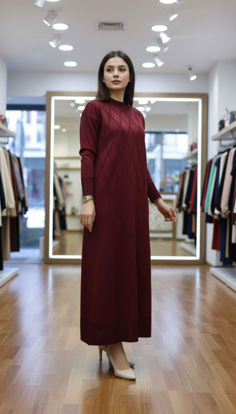 Armine TREND Baklava Desen Triko Elbise Bordo 25YTD957