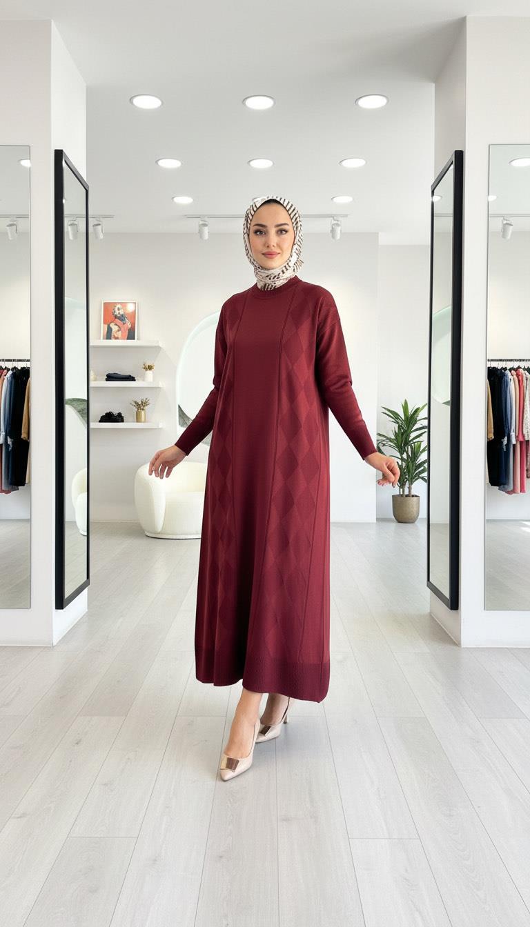 Armine TREND Baklava Desen Triko Elbise Bordo 25YTD958