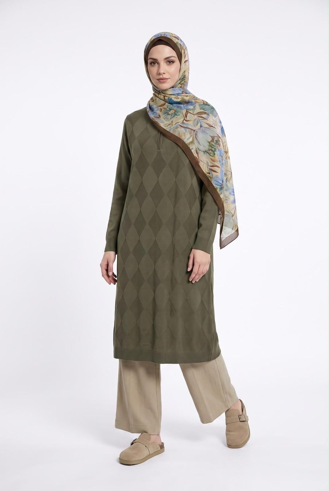 Armine TREND Baklava Desenli Fermuarlı Triko Tunik Haki 26KTD4112