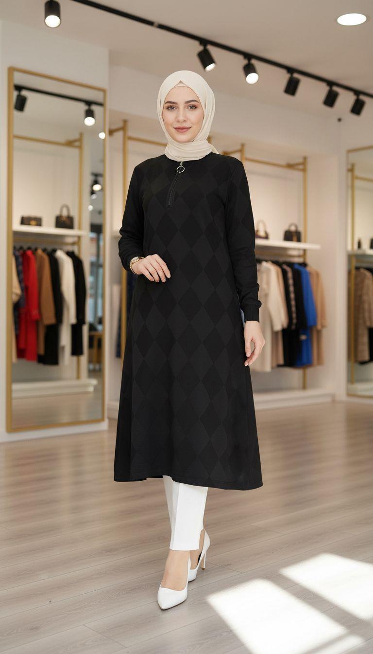 Armine TREND Baklava Desenli Merserize Triko Tunik Siyah 25YTD4112