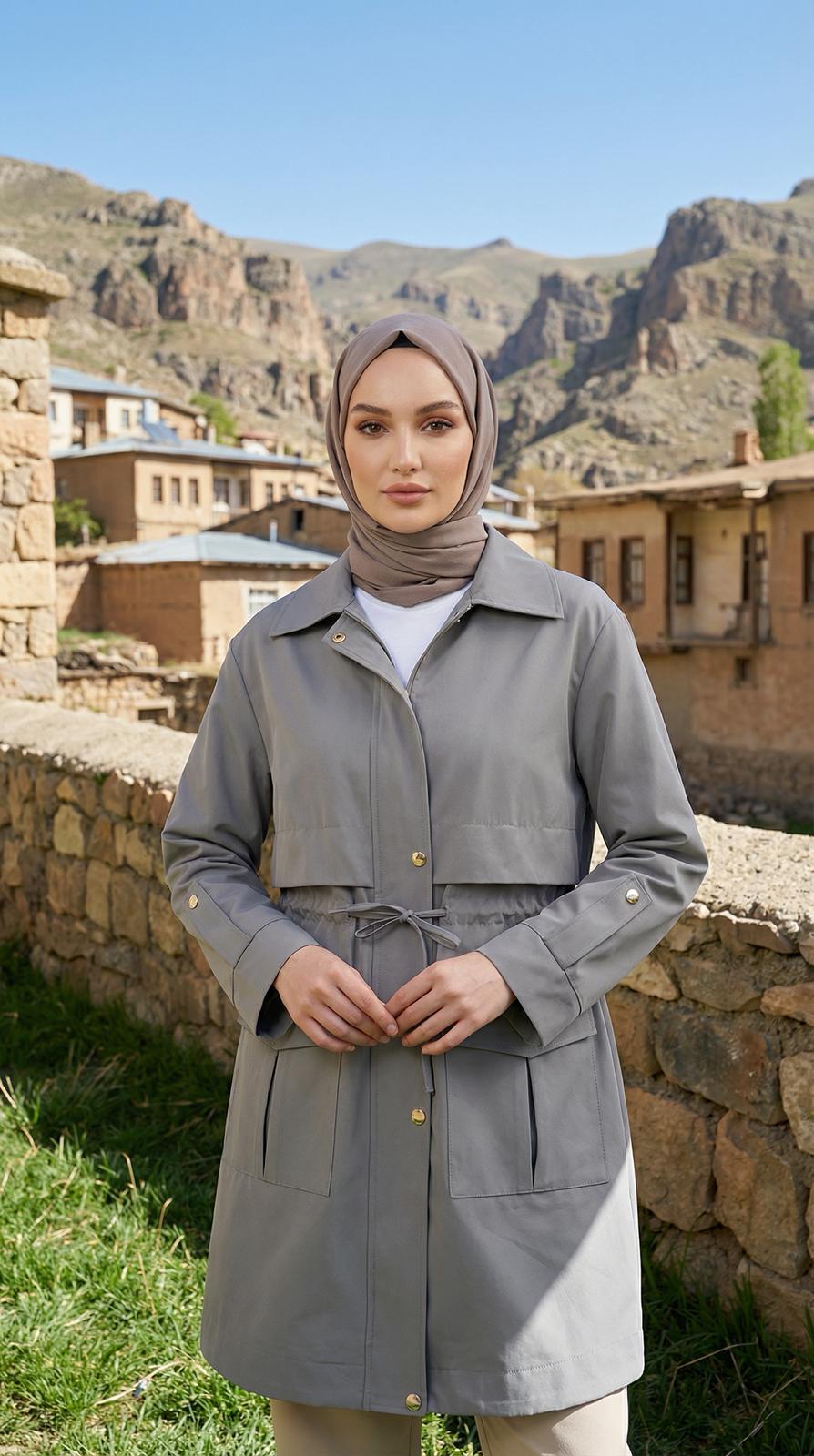 Armine TREND Belden Bağcıklı Ceket Kap Gri 26YT504