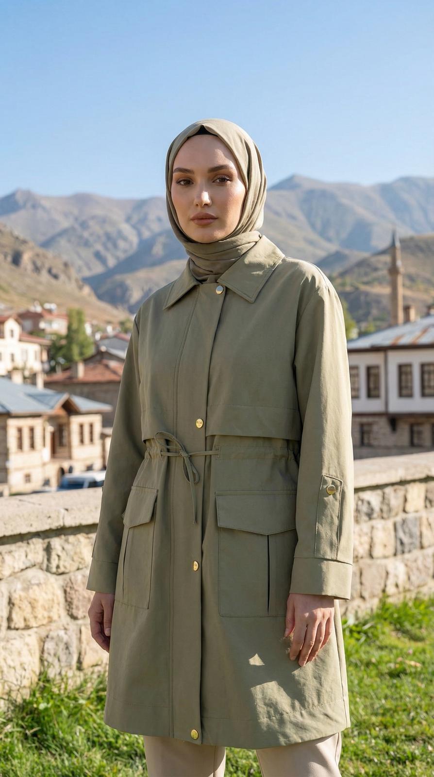 Armine TREND Belden Bağcıklı Ceket Kap Yeşil 26YT504