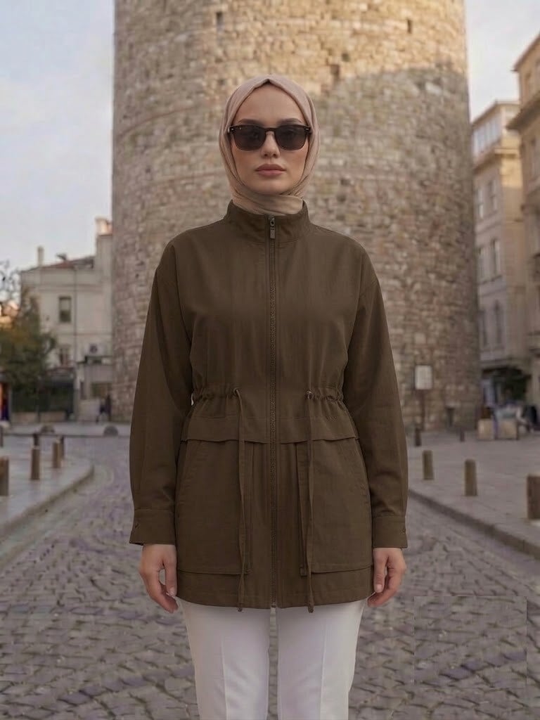 Armine Trend Beli Büzgülü Hakim Yaka Ceket Kahverengi 26ytd553