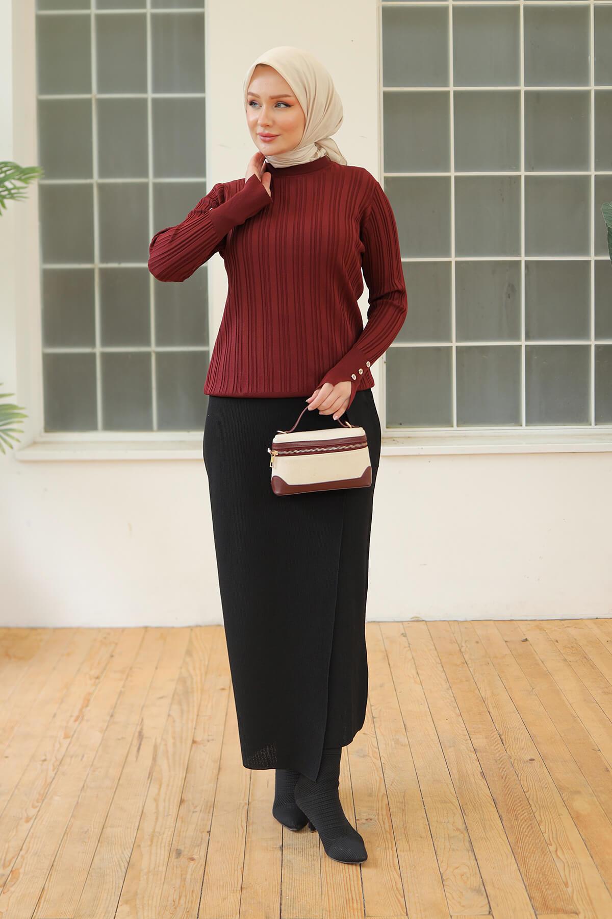 Armine TREND Bisiklet Yaka Düğme Detaylı Triko Bluz Bordo 24KTD301