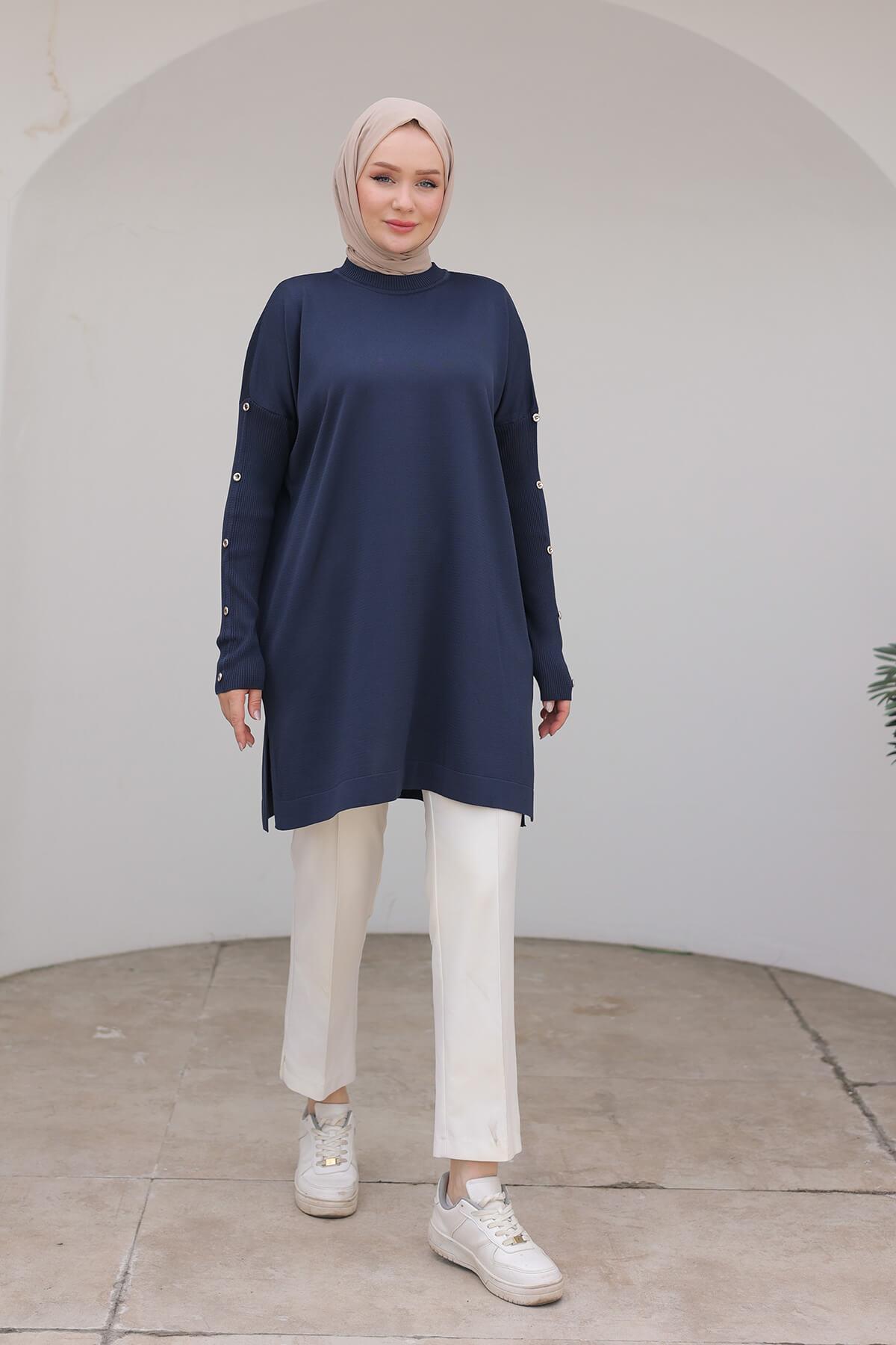 Armine TREND Bisiklet Yaka Koldan Düğme Detaylı Lacivert Triko Tunik 24KTD402