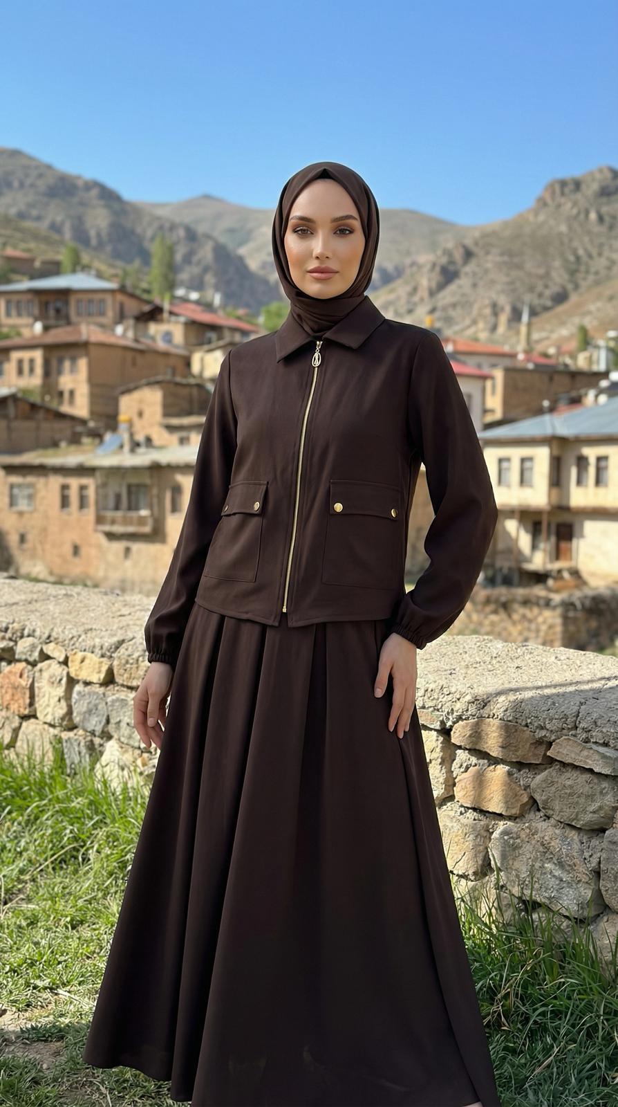 Armine TREND Ceket Fermuarlı Etekli Takım Kahverengi 26YT621