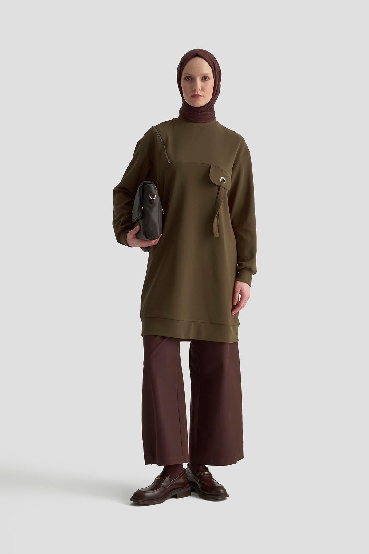ARMİNE TREND Cep Kapağı Kuşgözü Detaylı Fitilli Tunik Haki 25KT453