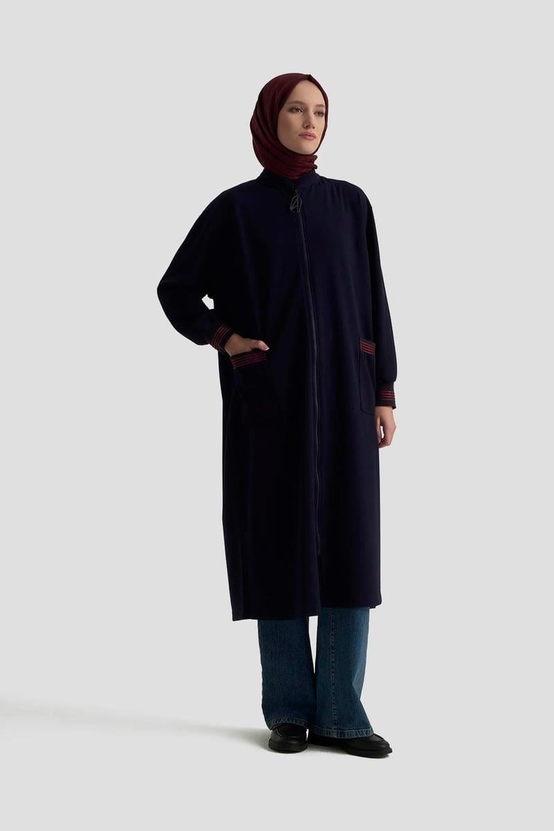 Armine TREND Cep ve Kol Sim İşlemeli Tam Boy Ceket Lacivert 25KT557