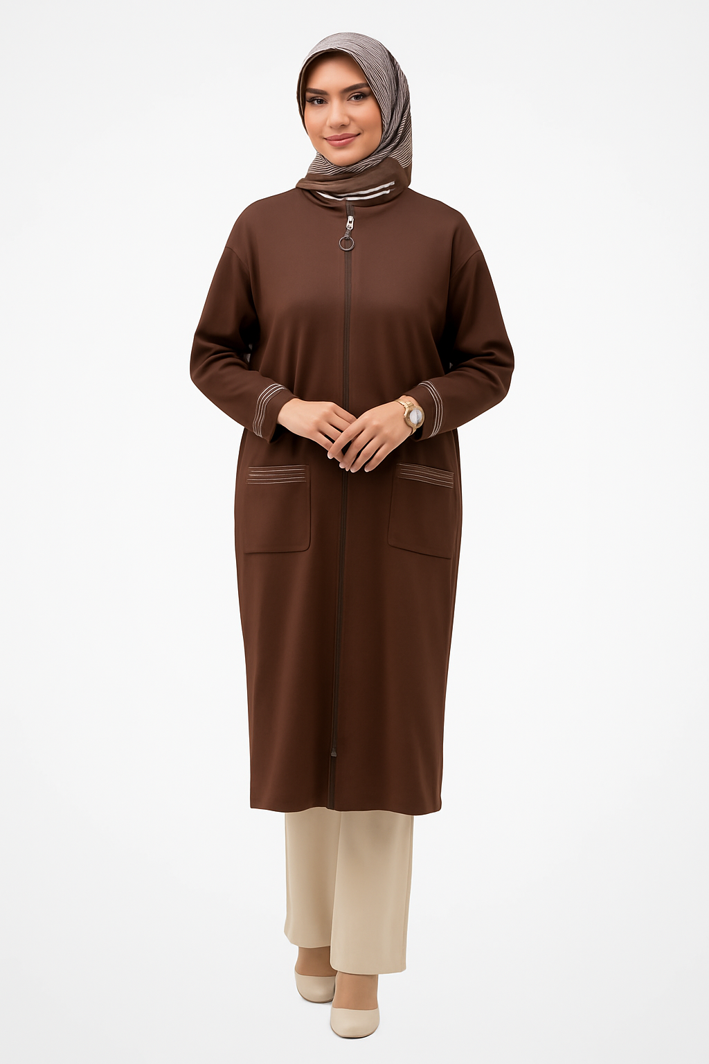 Armine TREND Cep ve Kol Sim İşlemeli Tam Boy Ceket Kahverengi 25KT557