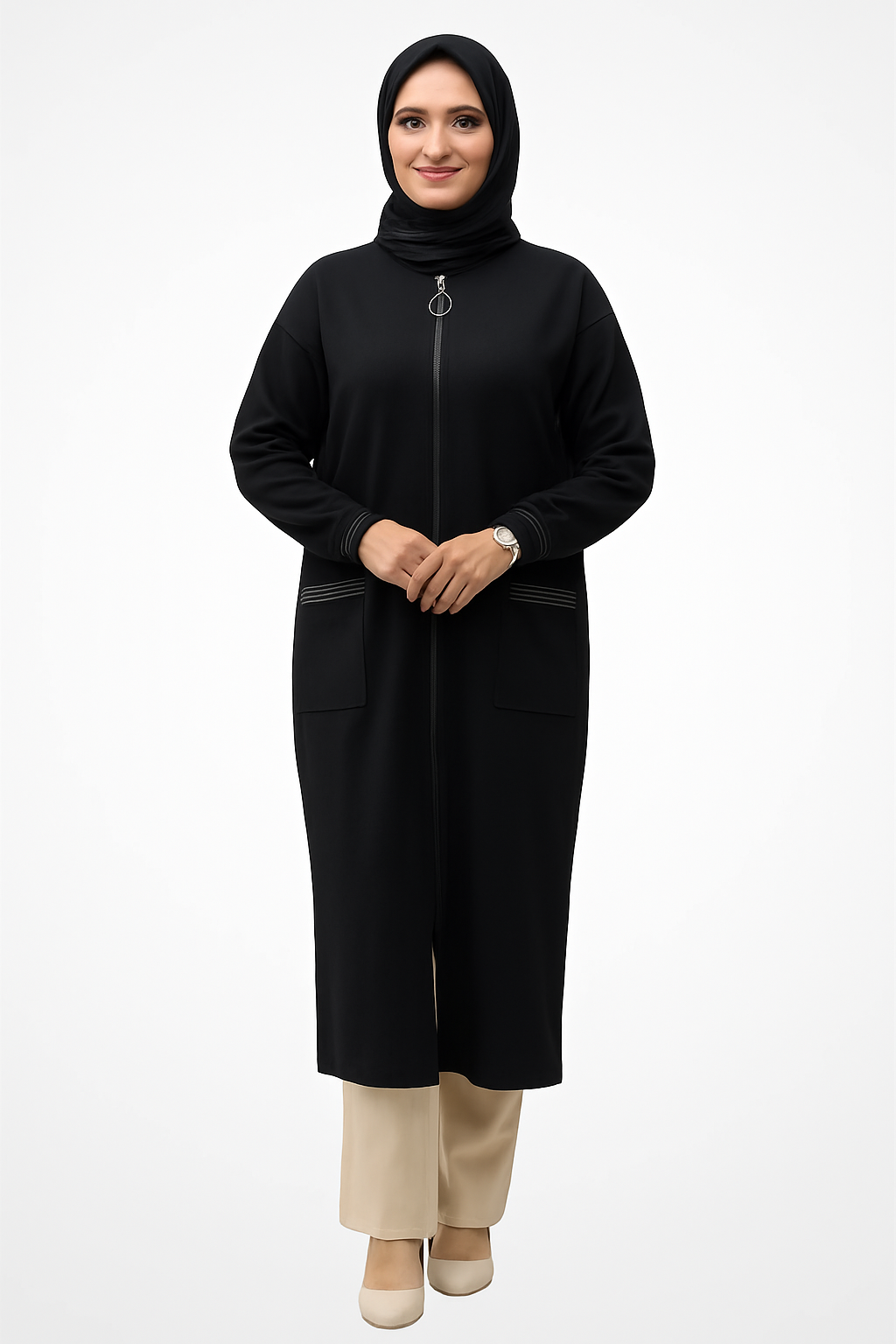Armine TREND Cep ve Kol Sim İşlemeli Tam Boy Ceket Siyah 25KT557