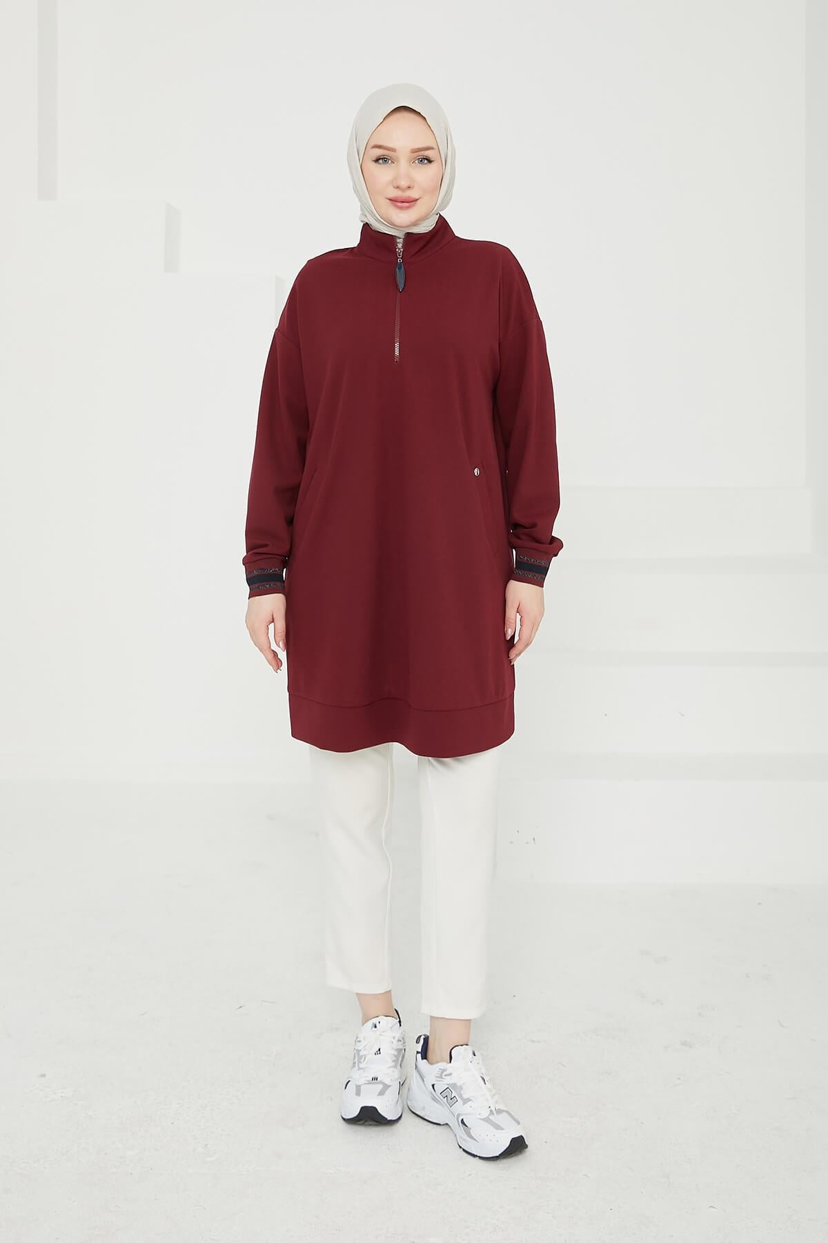 Armine TREND Cepli Önden Fermuarlı Tunik Bordo 24KT480