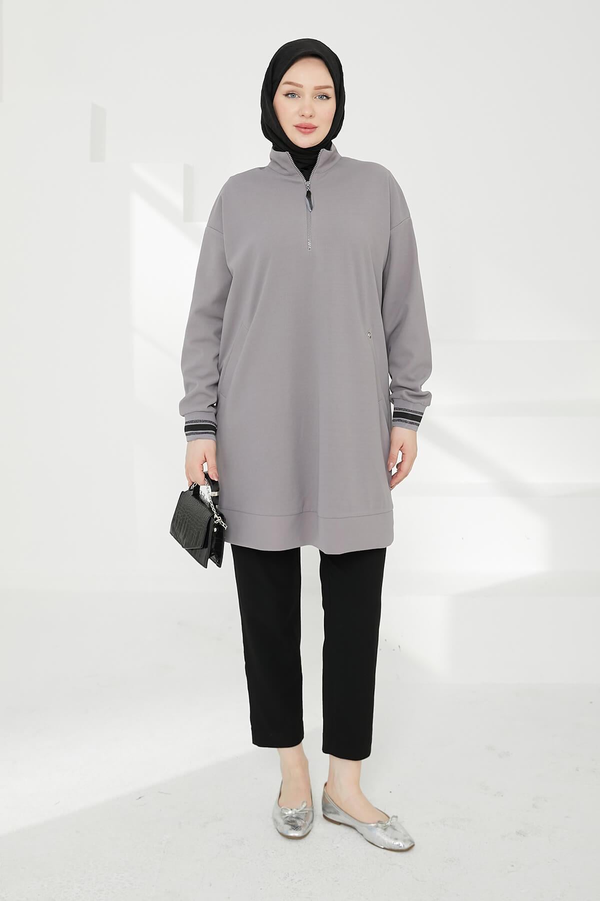 Armine TREND Cepli Önden Fermuarlı Tunik Gri 24KT480