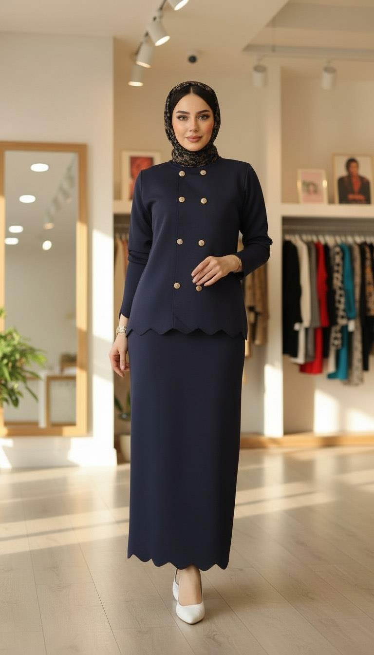 Armine TREND Çift Düğme Detaylı Etekli  Merserize Takım Lacivert 25YTD6118