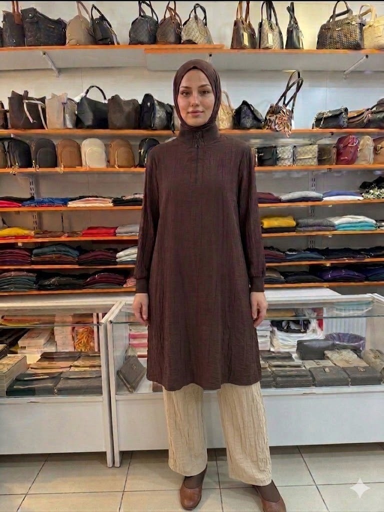 Armine TREND Çilek Kumaş Yarım Fermuarlı Tunik Kahverengi 26YT462