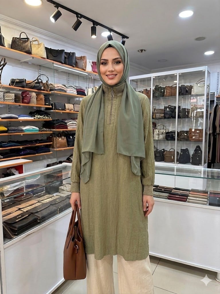 Armine TREND Çilek Kumaş Yarım Fermuarlı Tunik Küf Yeşili 26YT462