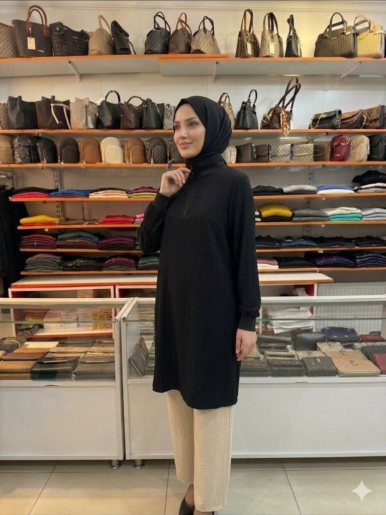 Armine TREND Çilek Kumaş Yarım Fermuarlı Tunik Siyah 26YT462