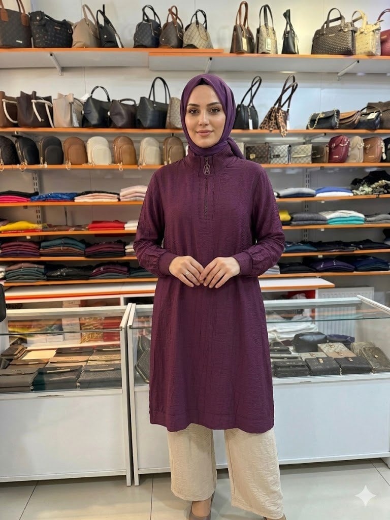 Armine TREND Çilek Kumaş Yarım Fermuarlı Tunik Vişne 26YT462