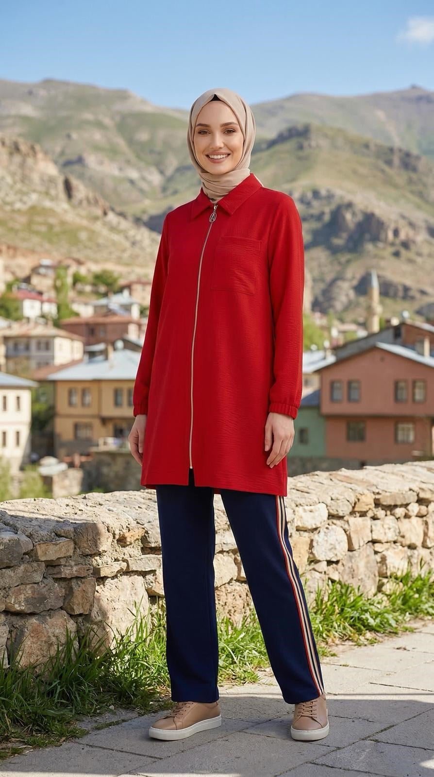 Armine TREND Çizgi Biye Detay Pantolonlu Takım Kırmızı 26YT605