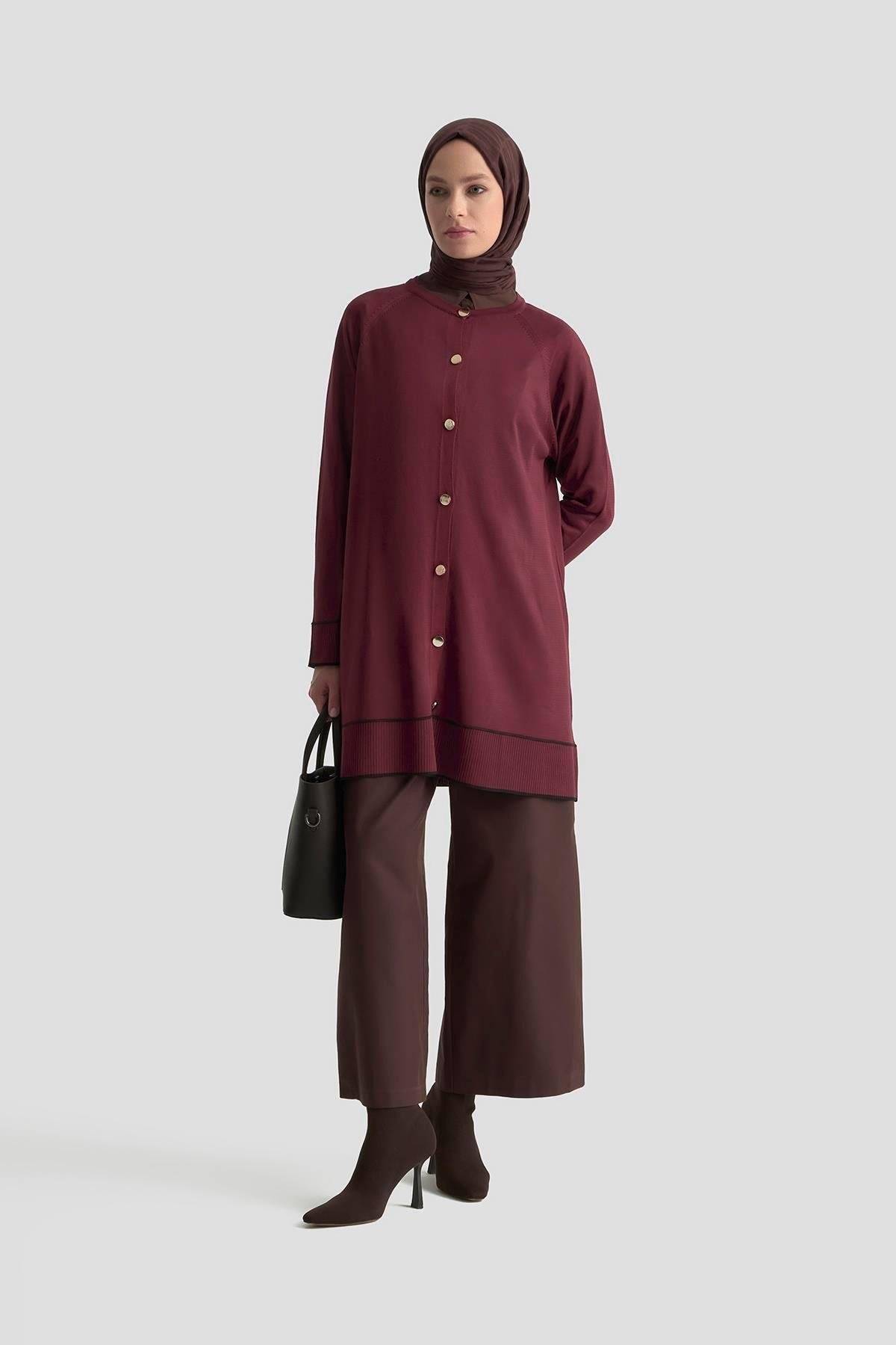 Armine TREND Çizgi Detaylı Triko Hırka Bordo 25YTD4123