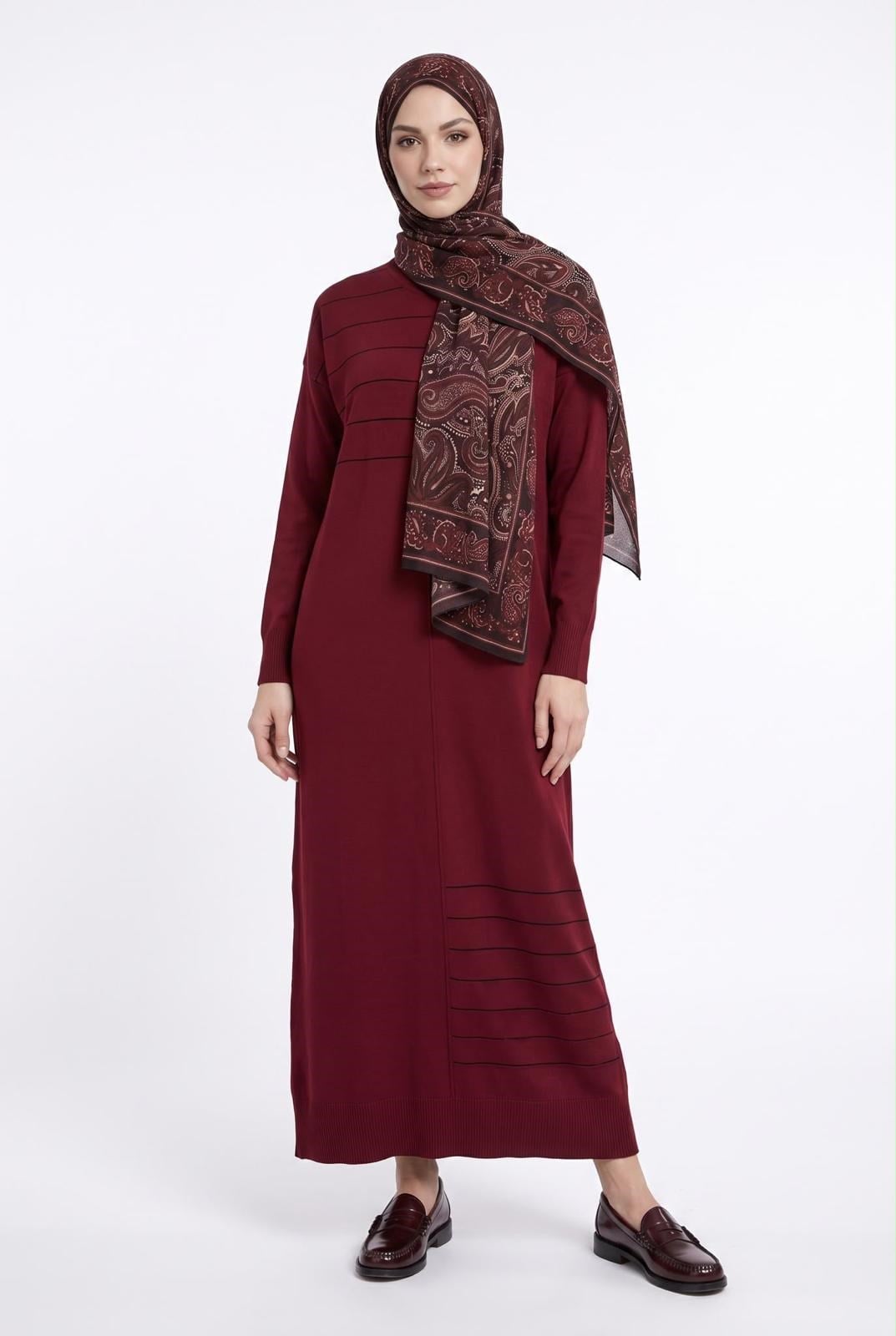 Armine TREND Çizgi ve Jakar Detaylı Triko Elbise Bordo 26ktd912