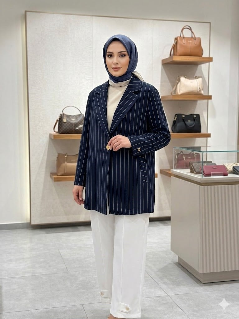 Armine TREND Çizgili Blazer Ceketli Pantolonlu Takım Lacivert 26YT643