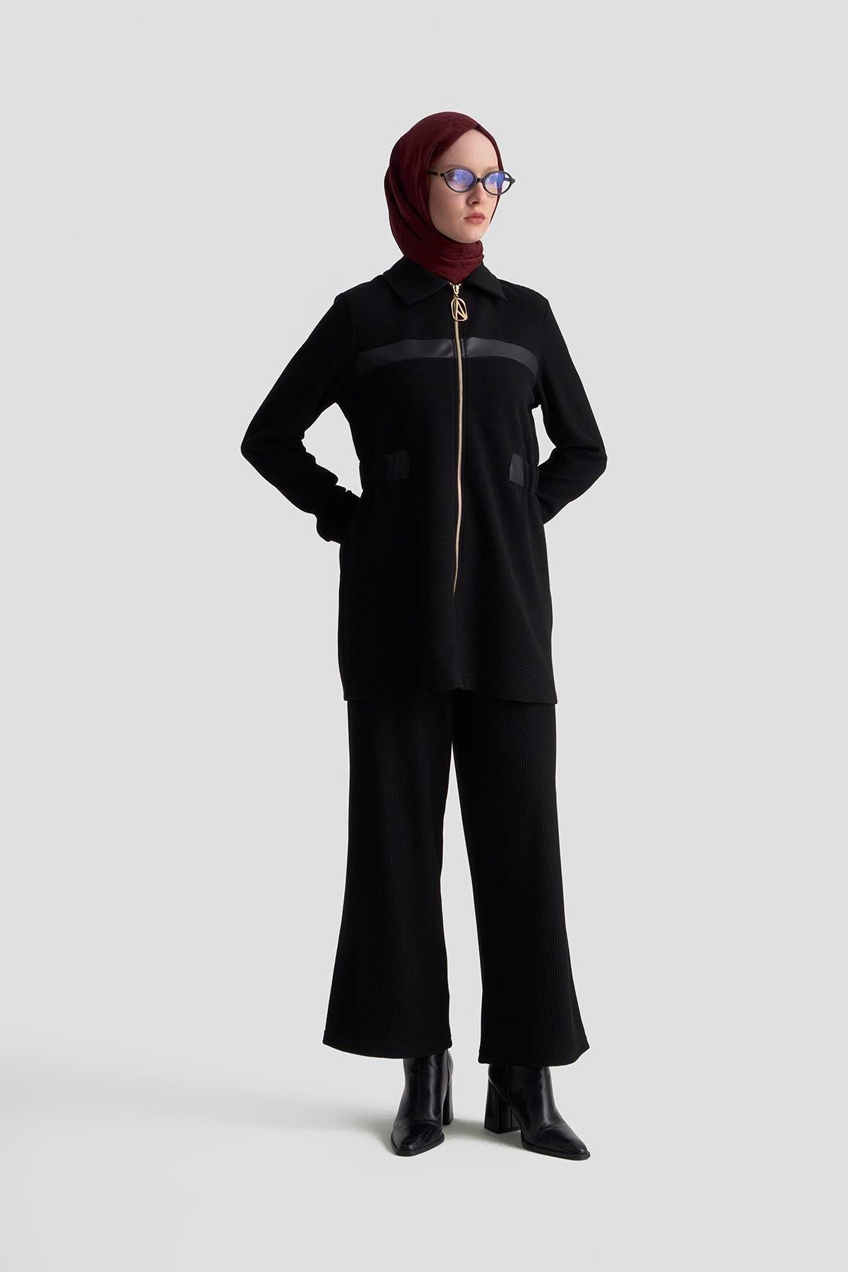 ARMİNE TREND Deri Detaylı Fitilli Pantolonlu İkili Takım Siyah 25KT649