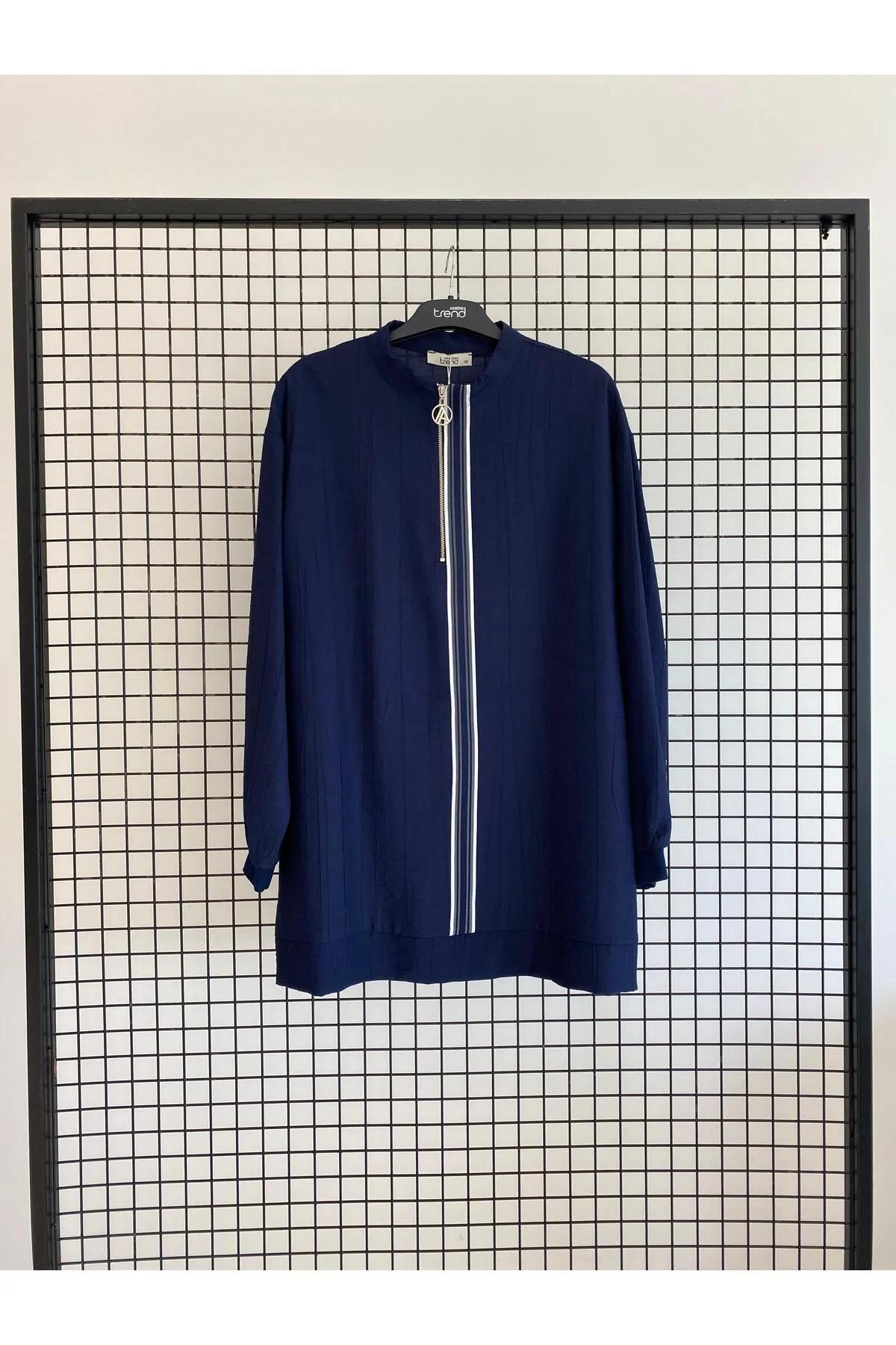 Armine TREND Fermuar Detaylı Çilek Kumaş Tunik Lacivert 25YT4139