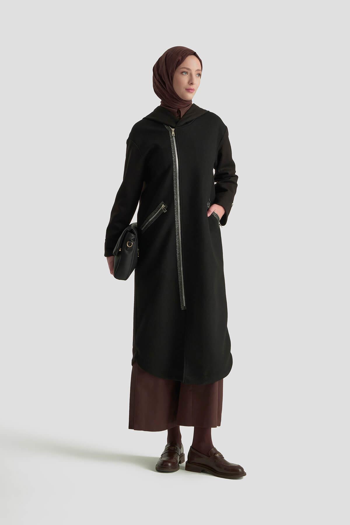 Armine TREND Fermuarları Parlak Biye Detay Kap - Ceket Siyah 25KT504