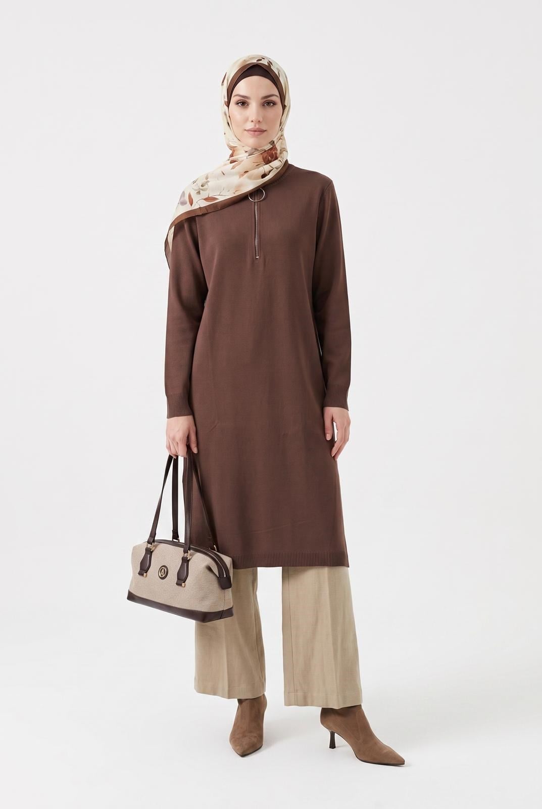 Armine TREND Fermuarlı Düz Uzun Triko Tunik Mocha 25KTD411