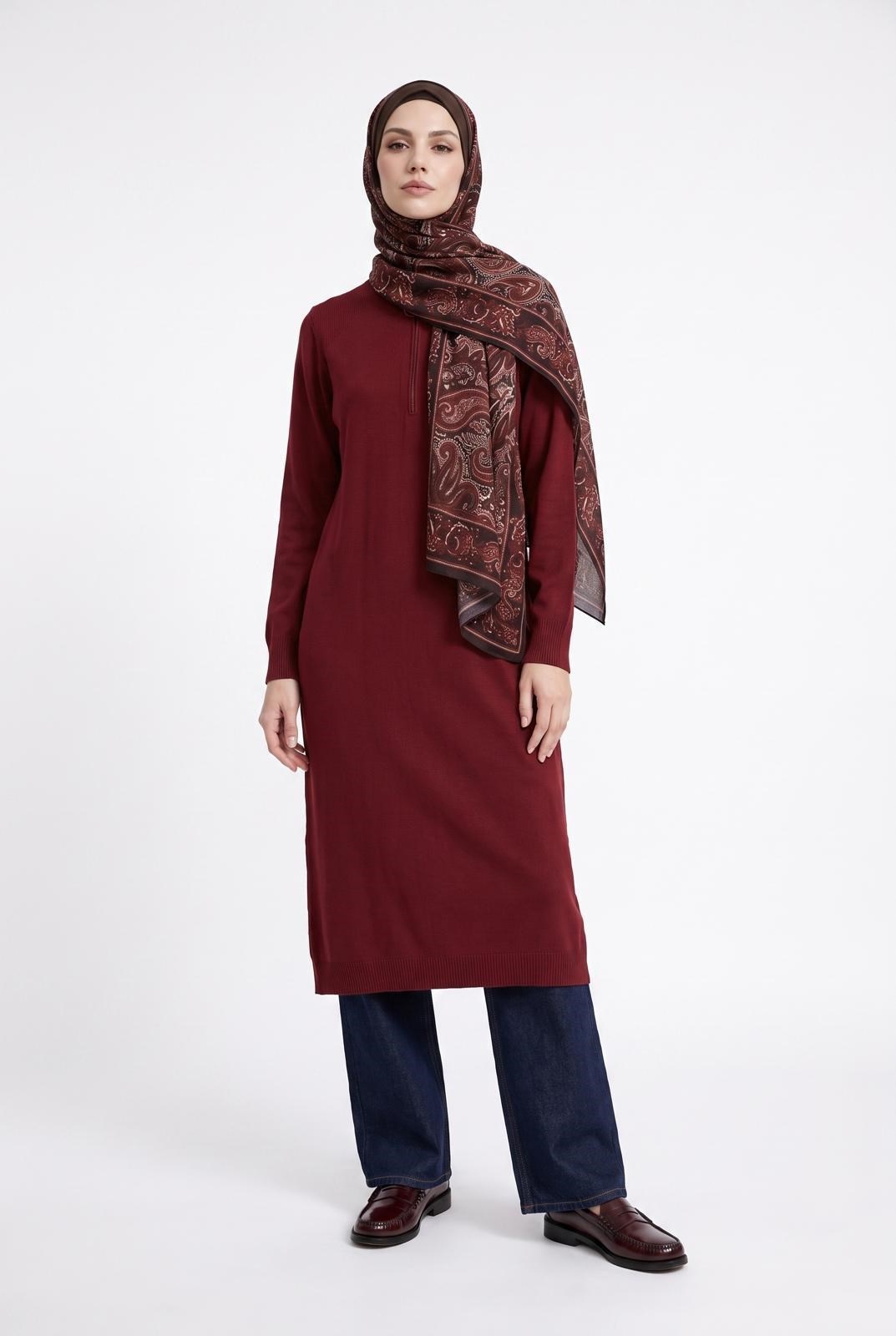 Armine TREND Fermuarlı Düz Uzun Triko Tunik Bordo 25KTD411