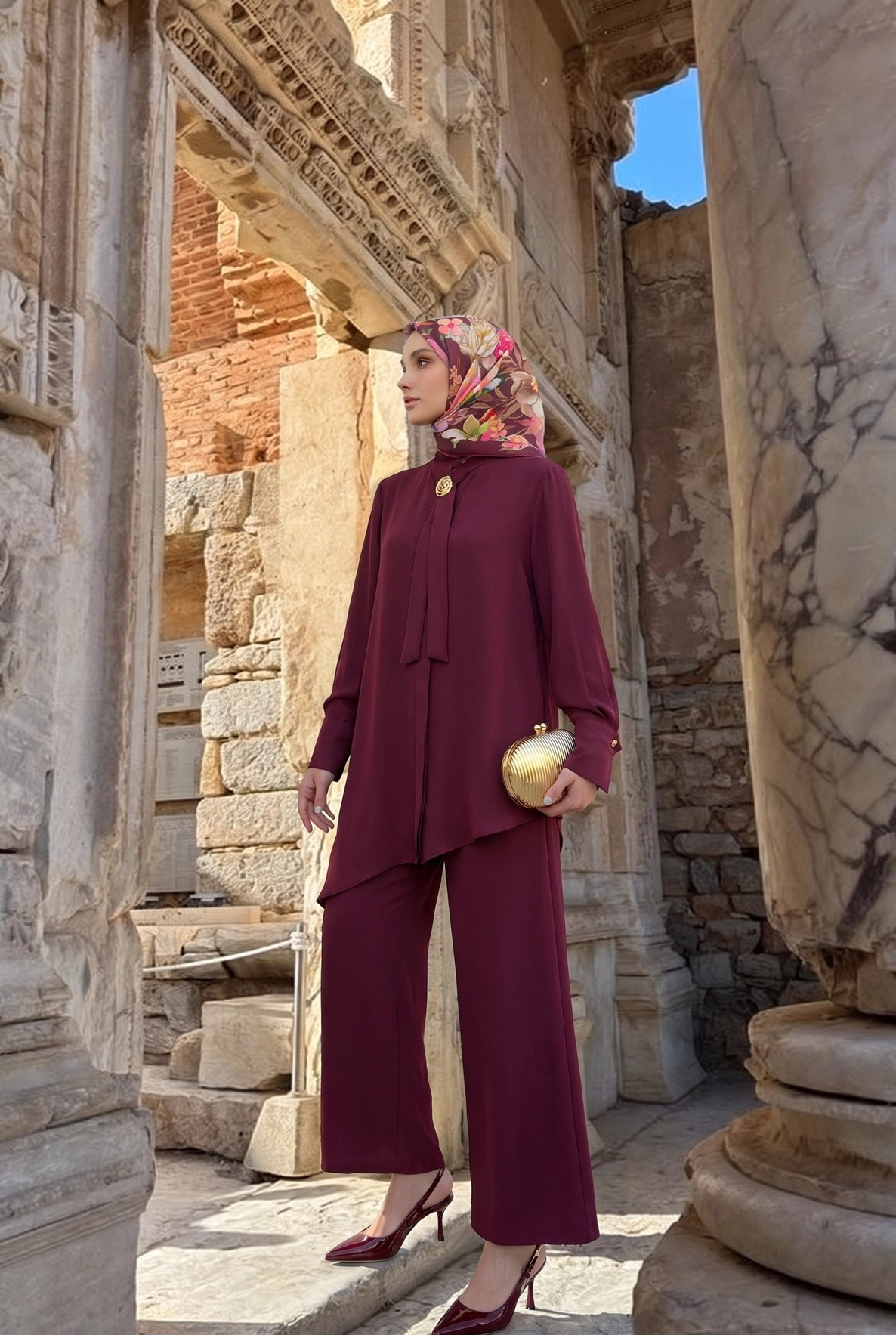 Armine TREND Fularlı Broşlu Asimetrik İkili Takım Bordo 26ka610