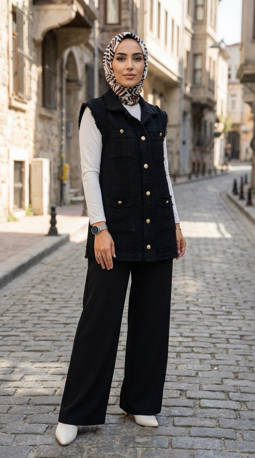 ARMİNE TREND Gold Düğmeli Cepli Gömlek Yakalı Yelek Siyah 25KT516