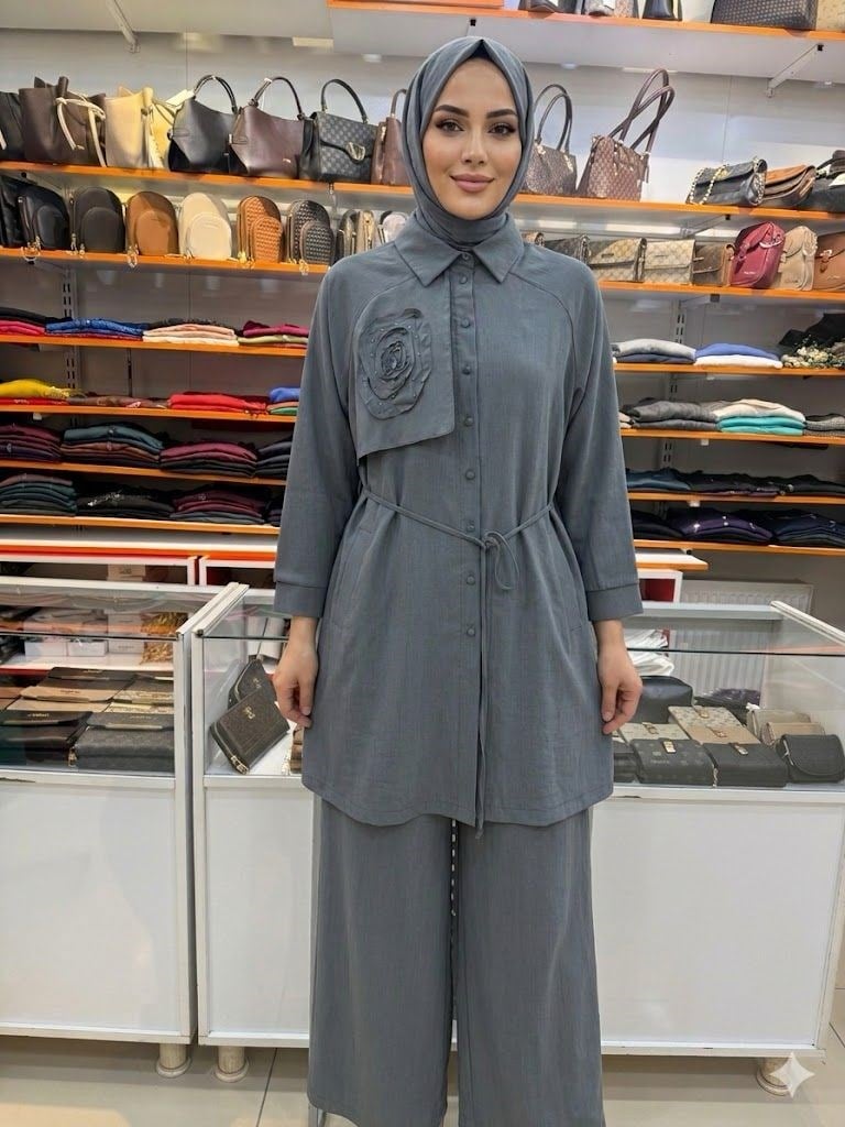 Armine TREND Gülü Taş İşlemeli Pantolonlu Takım Gri 26YT652
