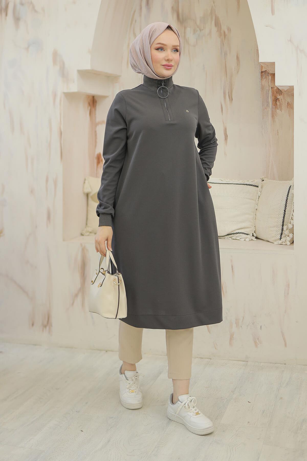 Armine Trend Halkalı Örme Kumaş Tunik Gri 24KT436