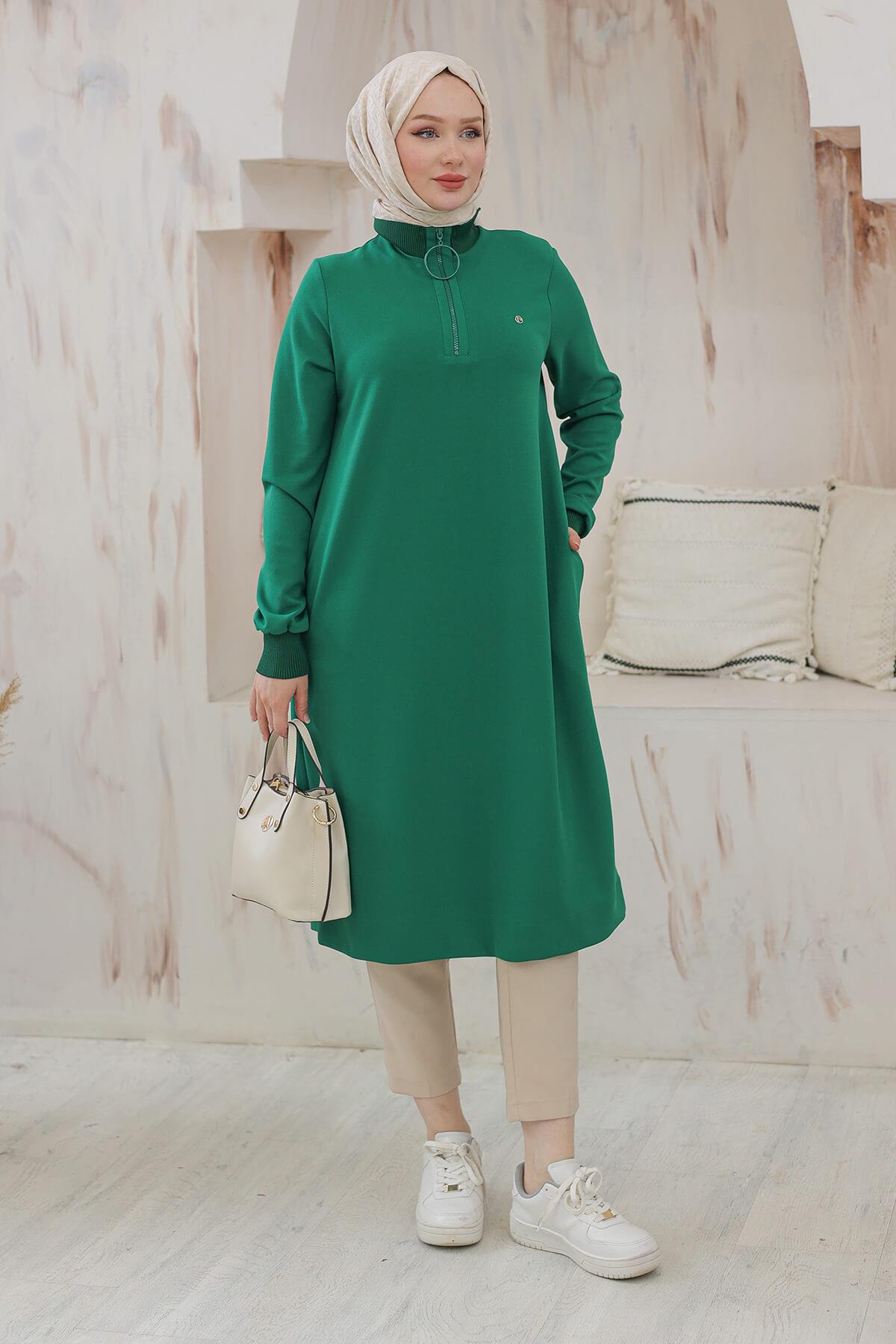 Armine Trend Halkalı Örme Kumaş Tunik Yeşil 24KT436