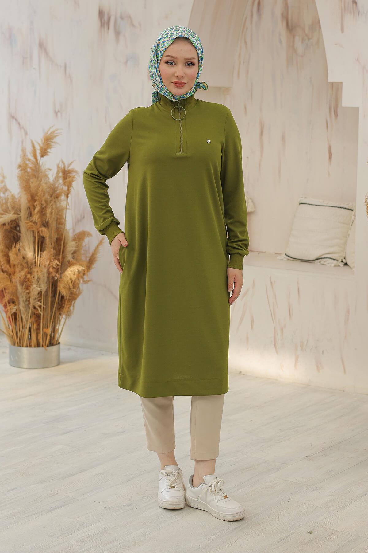 Armine Trend Halkalı Örme Kumaş Tunik Yağ Yeşili 24KT436