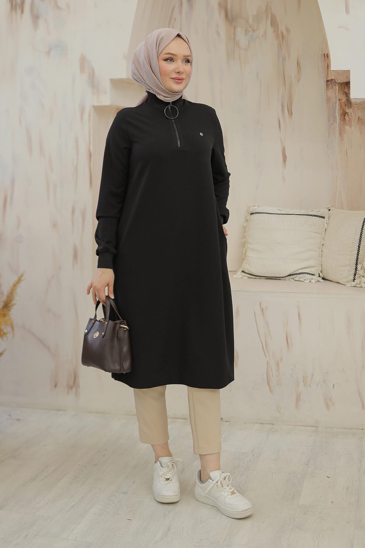 Armine Trend Halkalı Örme Kumaş Tunik Siyah 24KT436