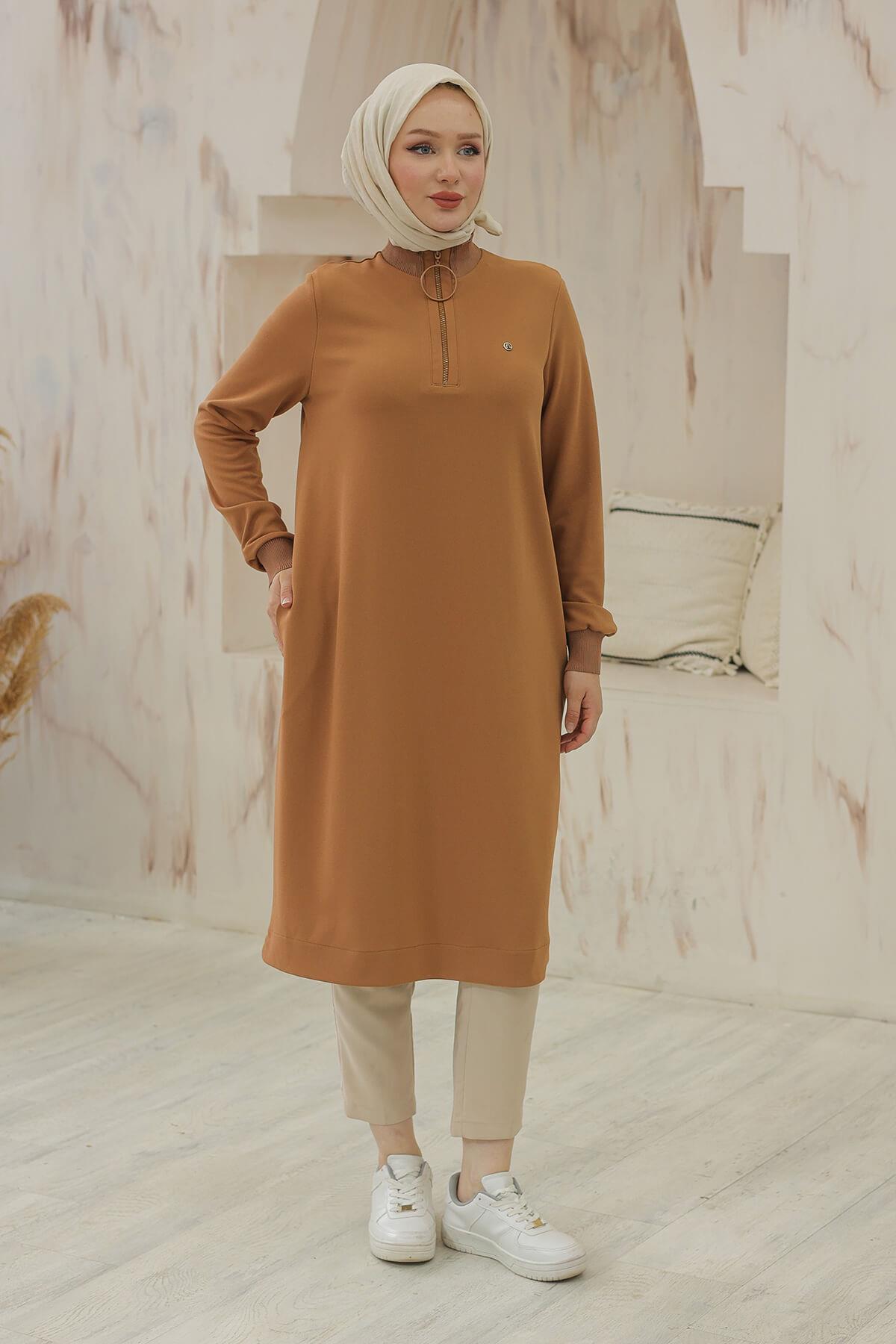 Armine Trend Halkalı Örme Kumaş Tunik Koyu Vizon 24KT436