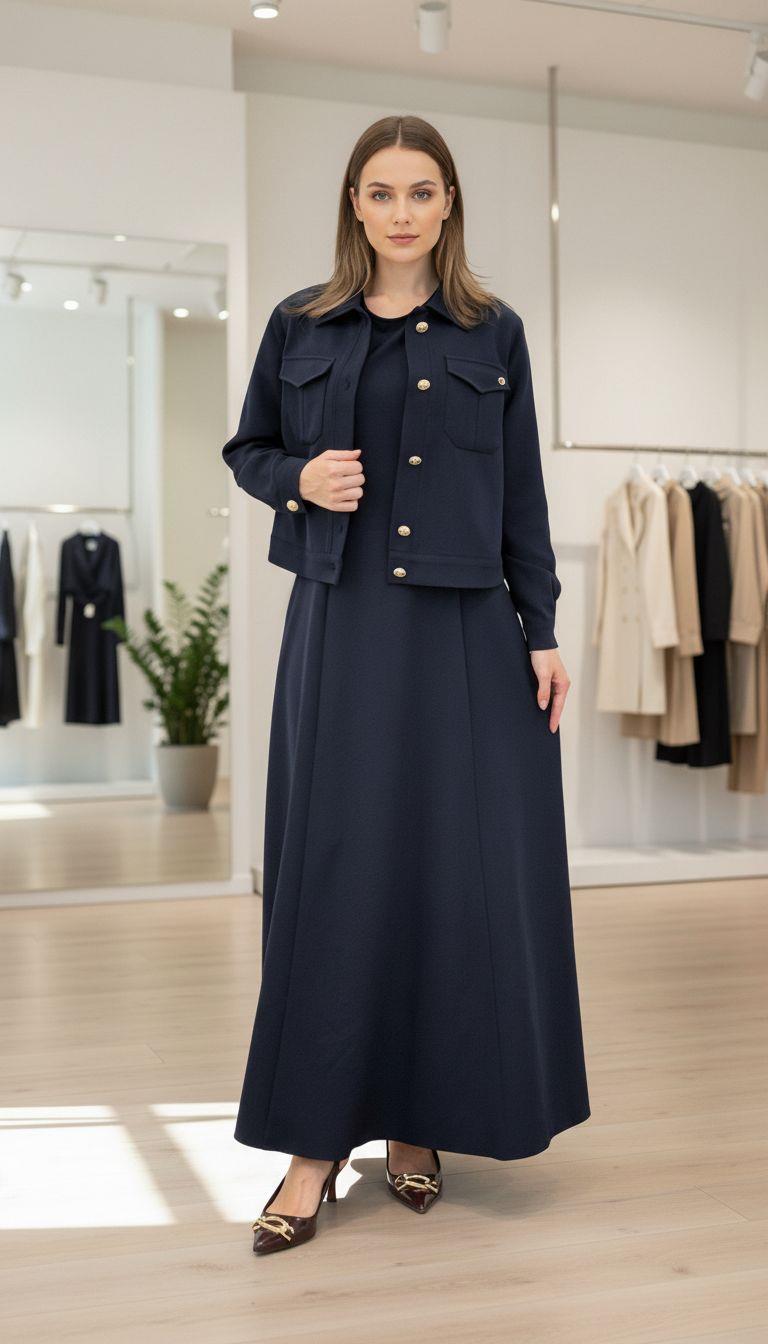 Armine TREND Jile Elbiseli Ceketi Düğme Detaylı Takım Lacivert 25KT642