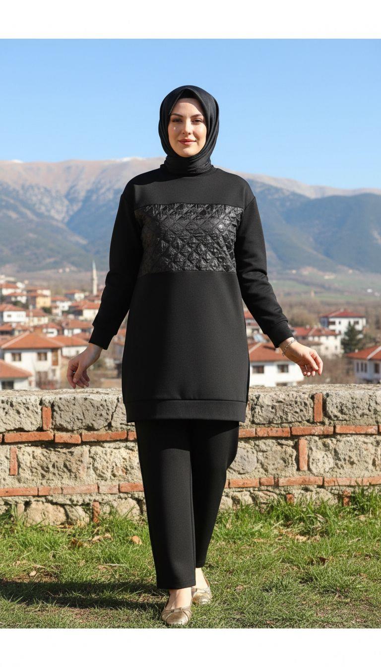 ARMİNE TREND Kabartma Desenli Pantolonlu Takım Siyah 25KT654