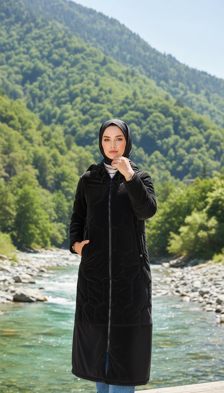 Armine TREND Kapüşonlu Bayan Mont Siyah 24KT719