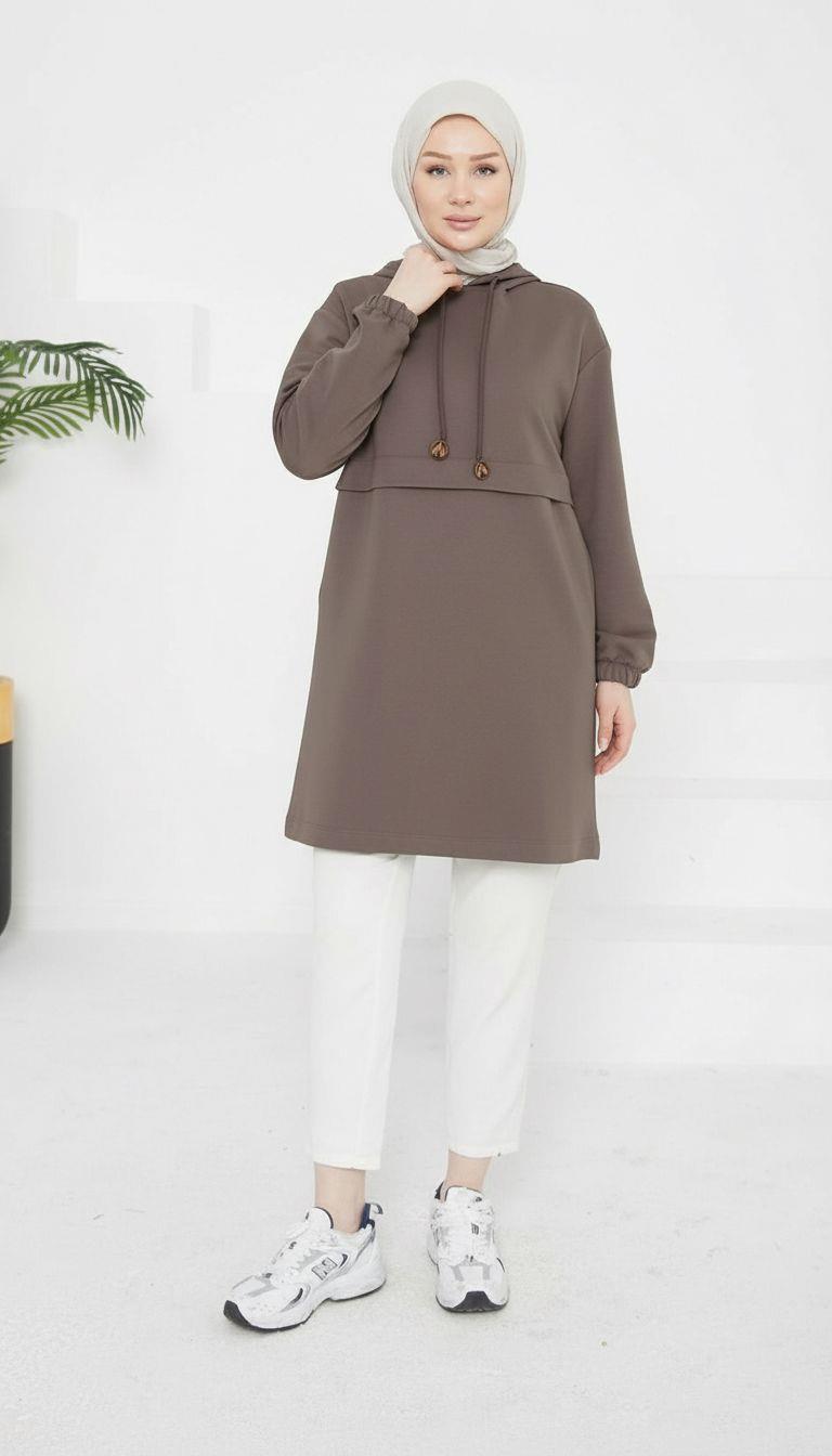 ARMİNE TREND Kapüşonlu Kolları Lastikli Tunik Kahve 25KT462