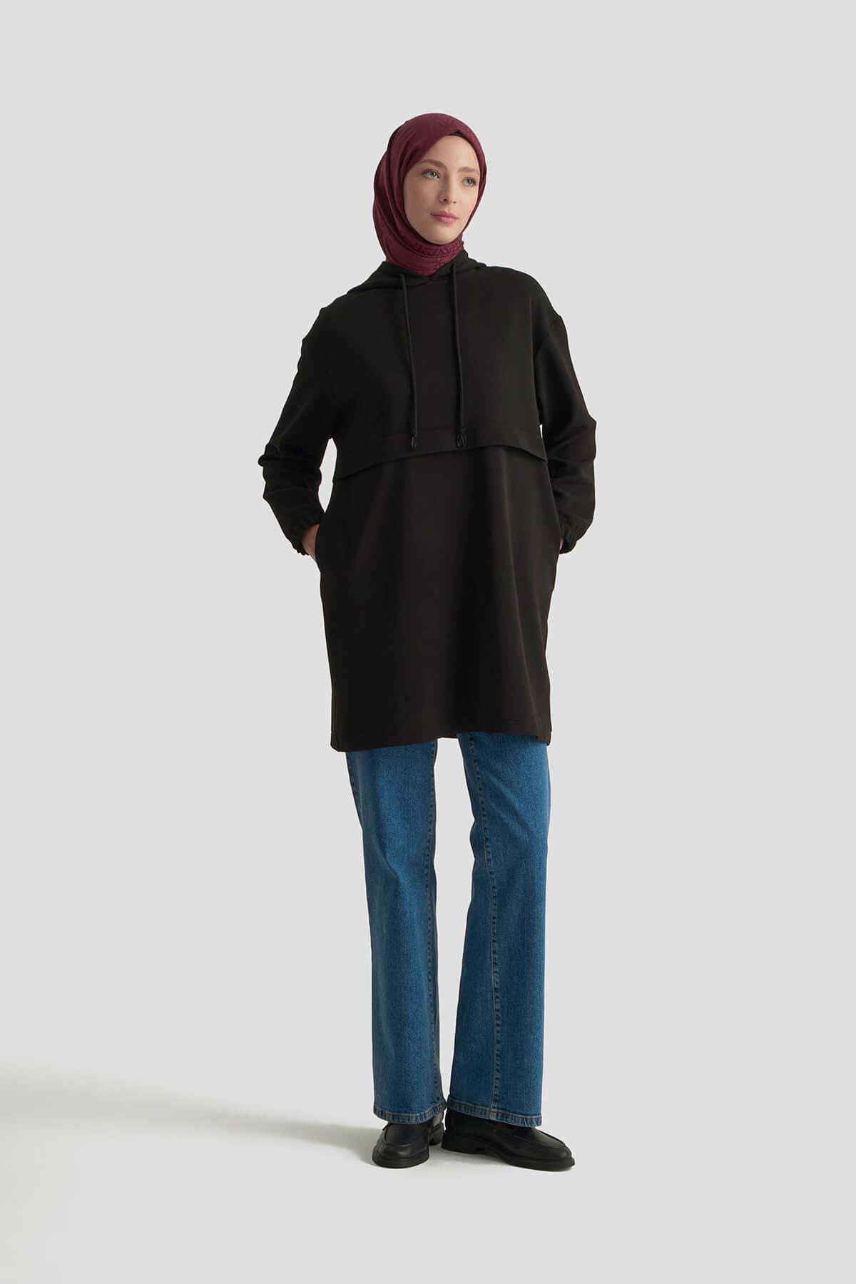 ARMİNE TREND Kapüşonlu Kolları Lastikli Tunik Siyah 25KT462