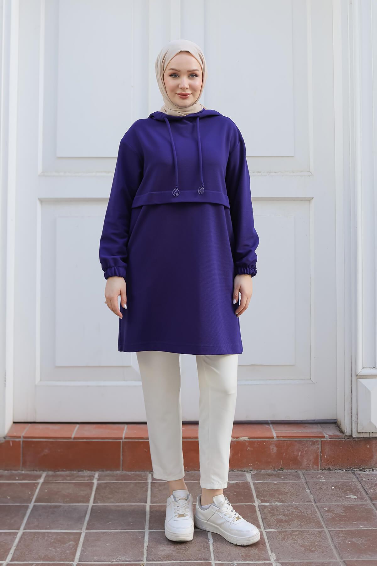 ARMİNE TREND Kapüşonlu Kolları Lastikli Tunik Morcivert 24KT454