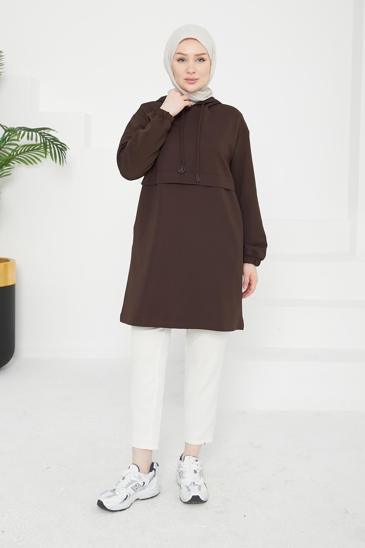 ARMİNE TREND Kapüşonlu Kolları Lastikli Tunik Kahve 25KT462