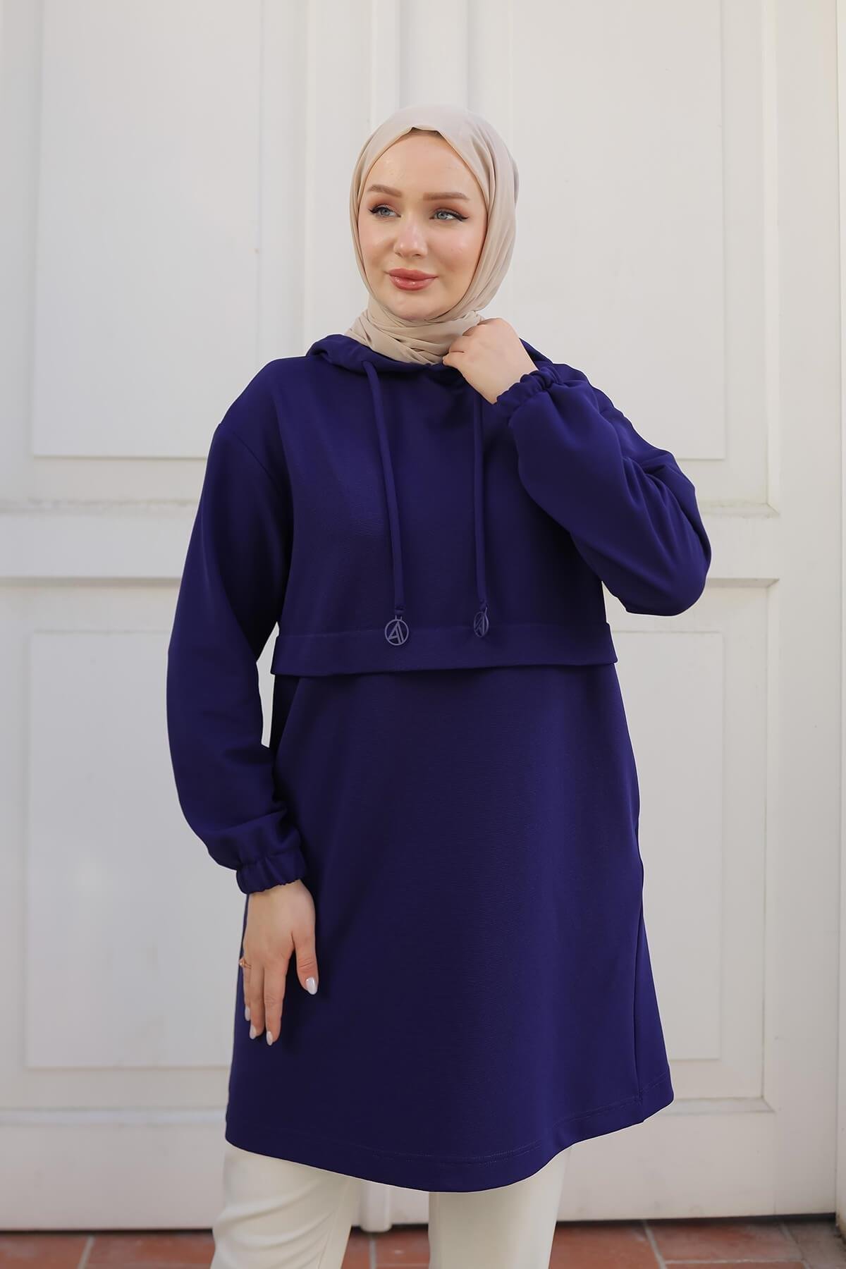 ARMİNE TREND Kapüşonlu Kolları Lastikli Tunik Saks 25KT462
