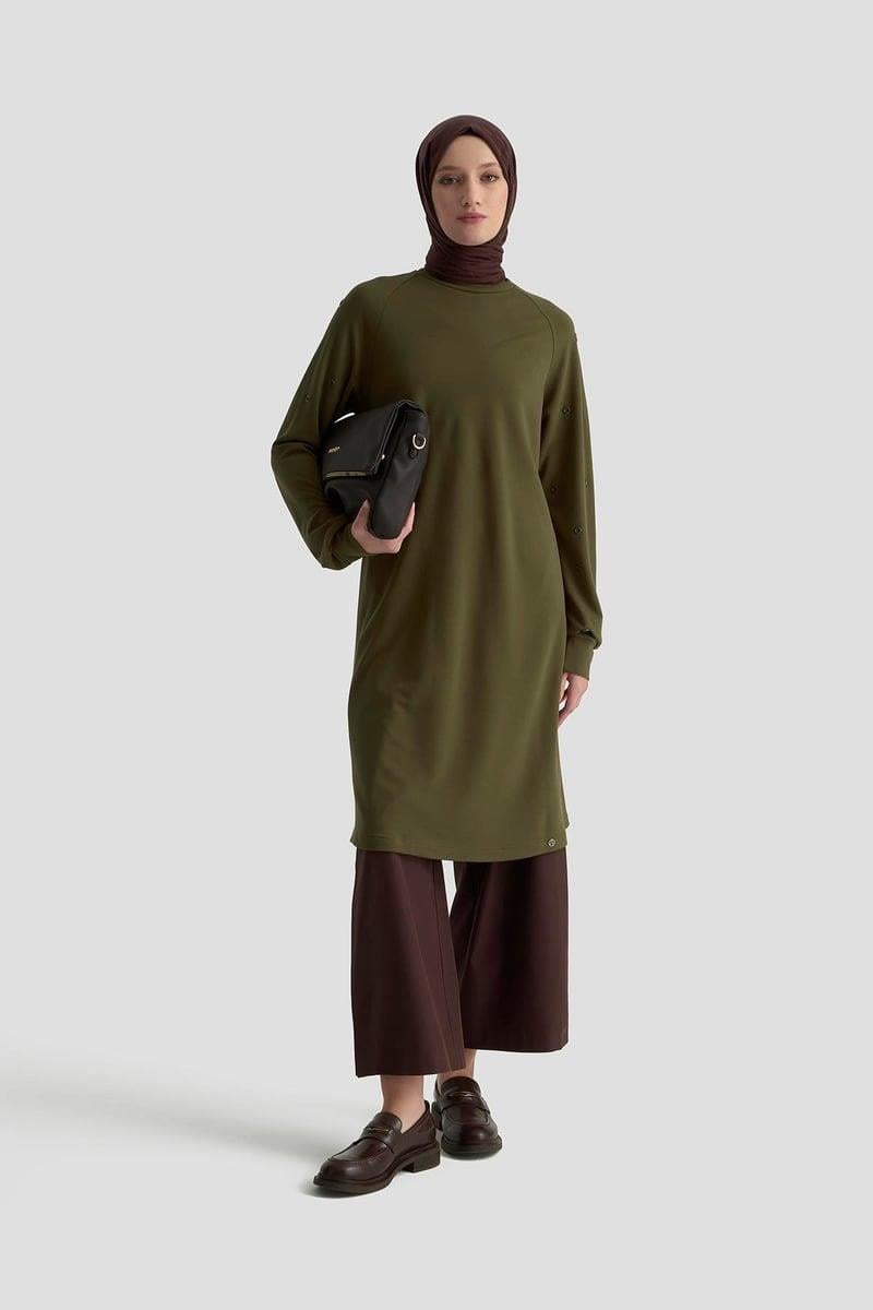 Armine TREND Kol Kuşgözü Detaylı 2 İplik Tunik Yağ Yeşili 25KT431