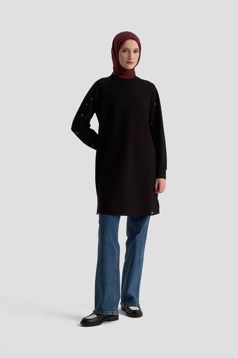 Armine TREND Kol Kuşgözü Detaylı 2 İplik Tunik Siyah 25KT431