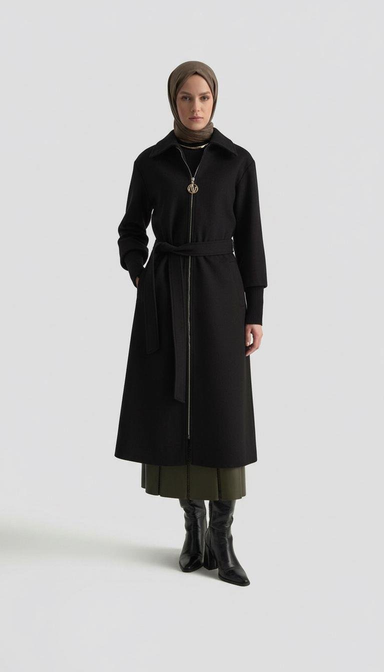 Armine TREND Kol Ucu Ribanalı Belden Bağcıklı Kaşe Kaban Siyah 25KT709