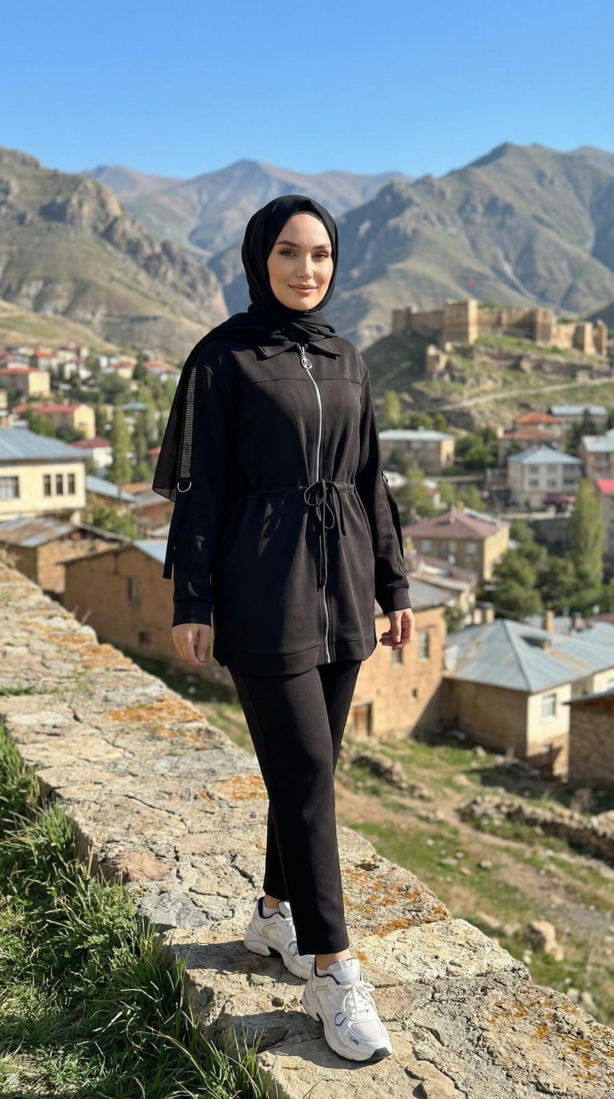 ARMİNE TREND Kolu Taş Detaylı Beli Lastikli Fermuarlı Pantolonlu İkili Takım Siyah 25KT604